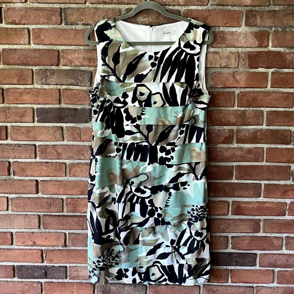 Dressbarn Abstract Print Layered Ruffle Sleeveless Dress Black Green 16